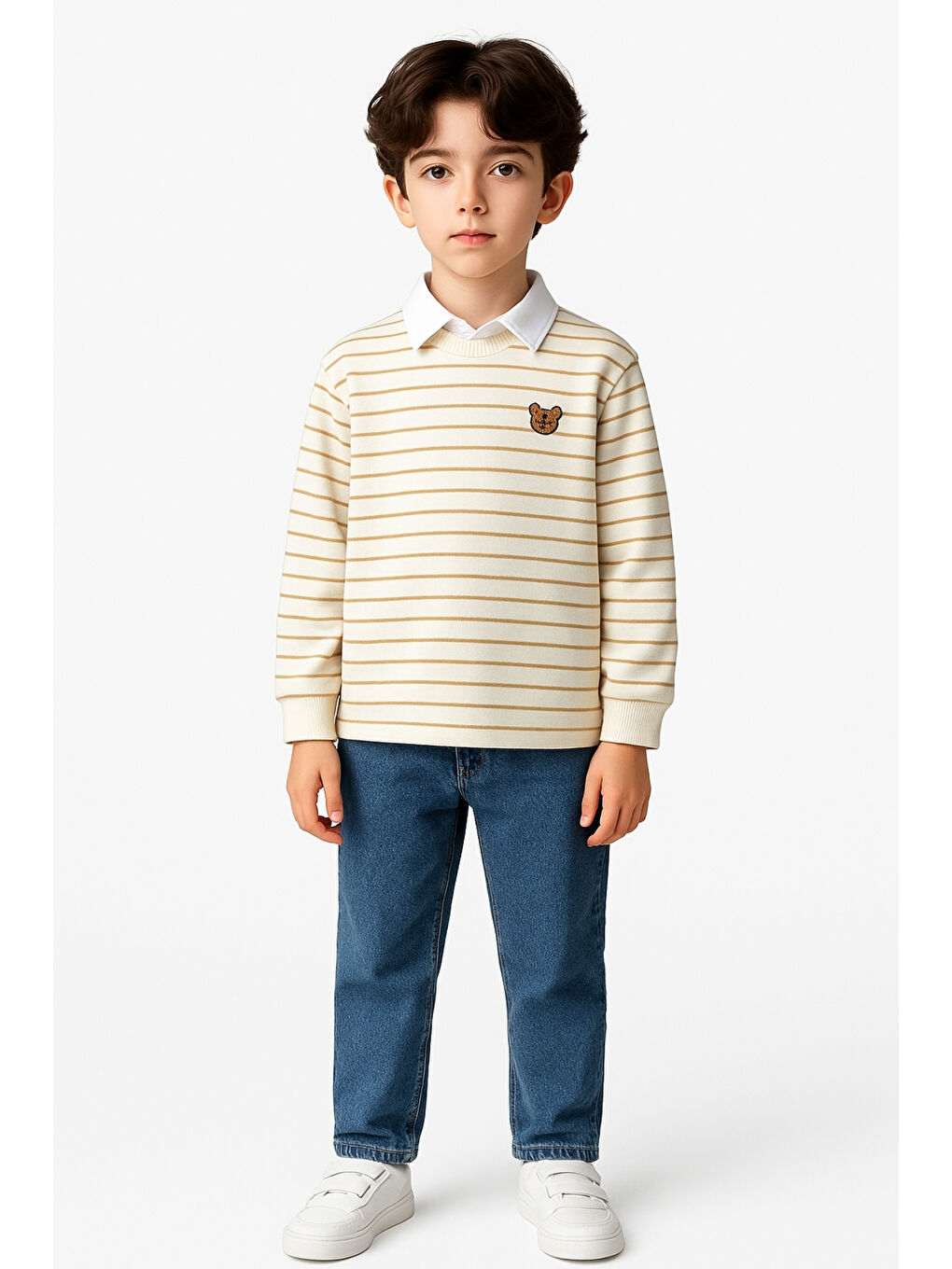 Kahverengi Erkek Çocuk Çizgili Sweatshirt Pantolon Ve Gömlek 3  lü Takım Ak3620