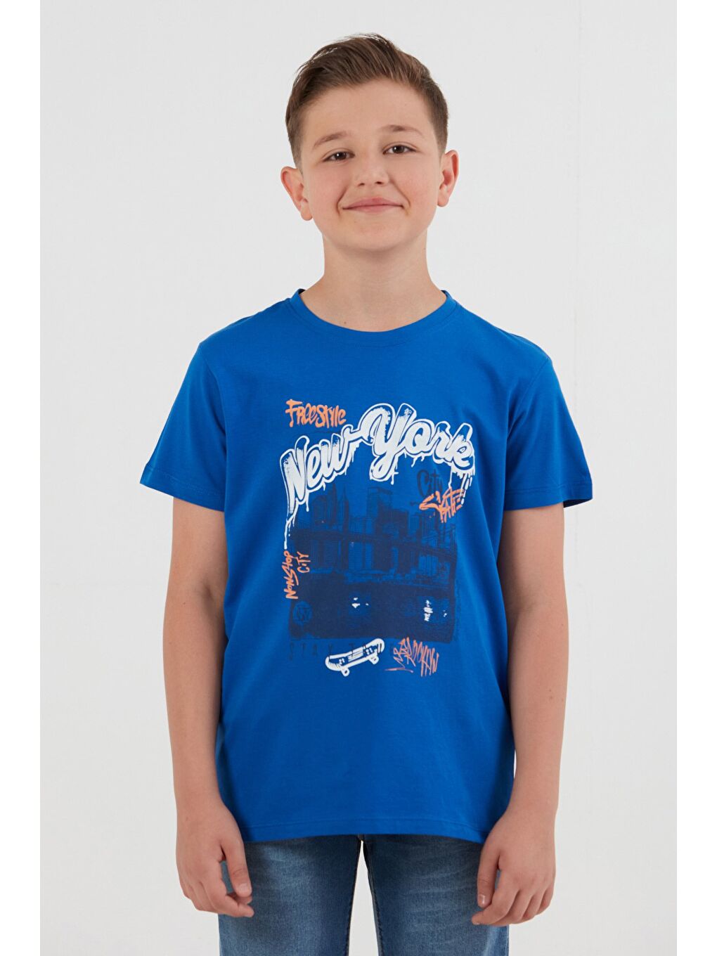Mavi %100 Pamuk New York Baskılı Erkek Çocuk Tişört-1
