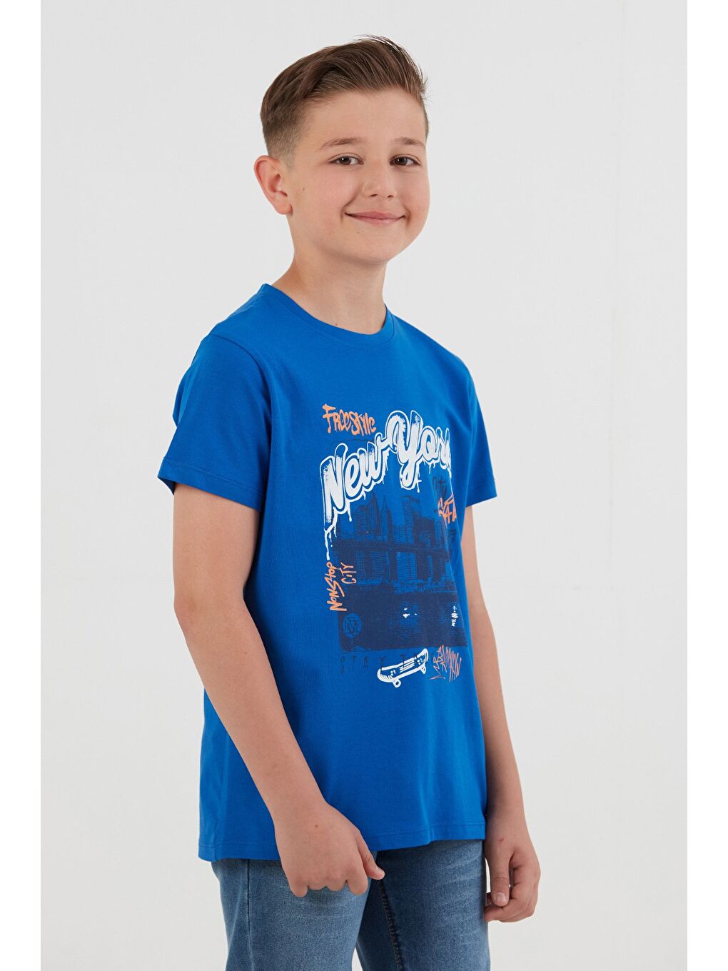 Mavi %100 Pamuk New York Baskılı Erkek Çocuk Tişört-3