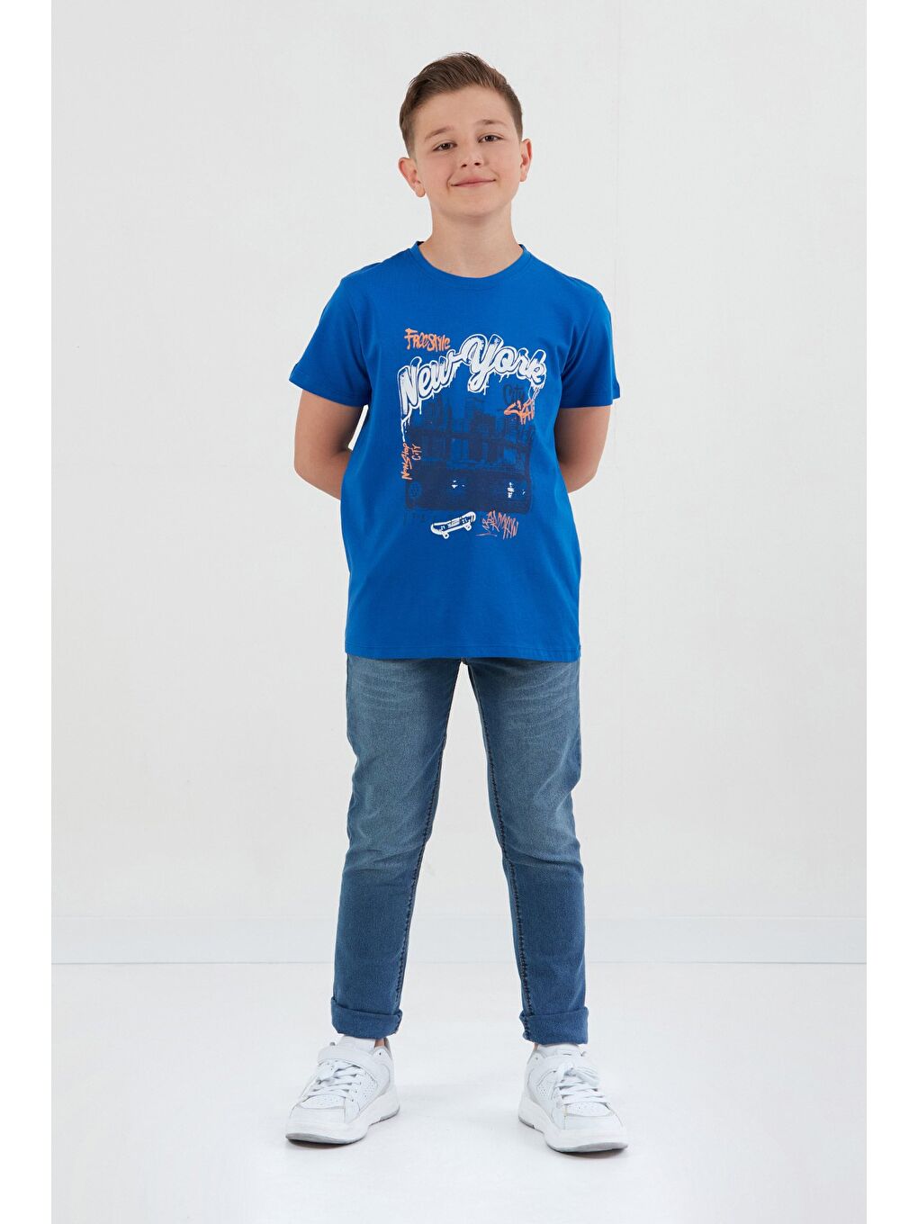 Mavi %100 Pamuk New York Baskılı Erkek Çocuk Tişört-4