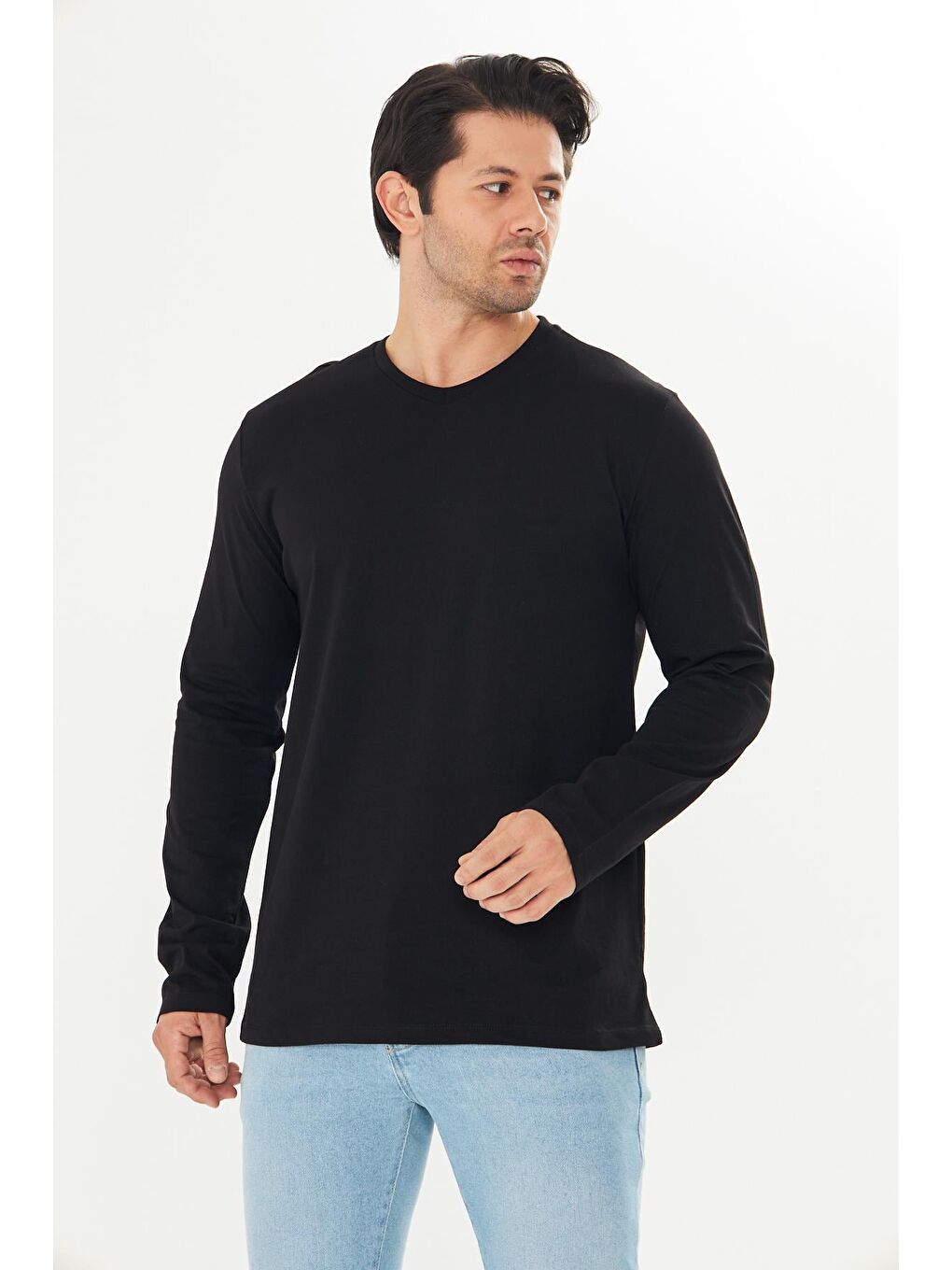 Erkek Pamuklu V Yaka Uzun Kollu Tişört Siyah 5021-S