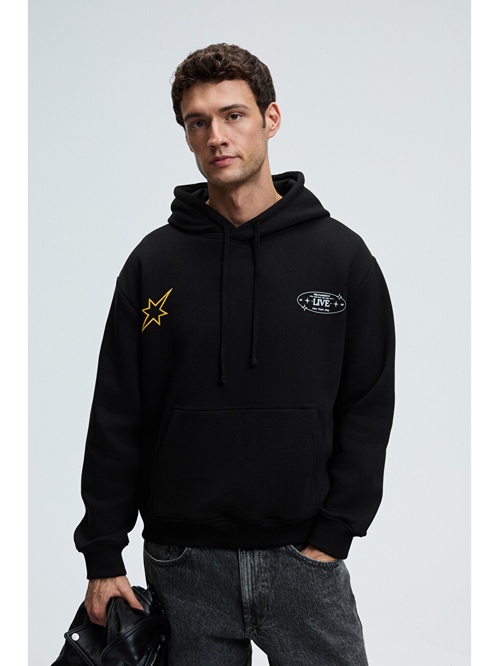 Erkek Kapüşonlu Kanguru Cepli Önü Ve Sırtı Baskılı Regular Fit Siyah Sweatshirt