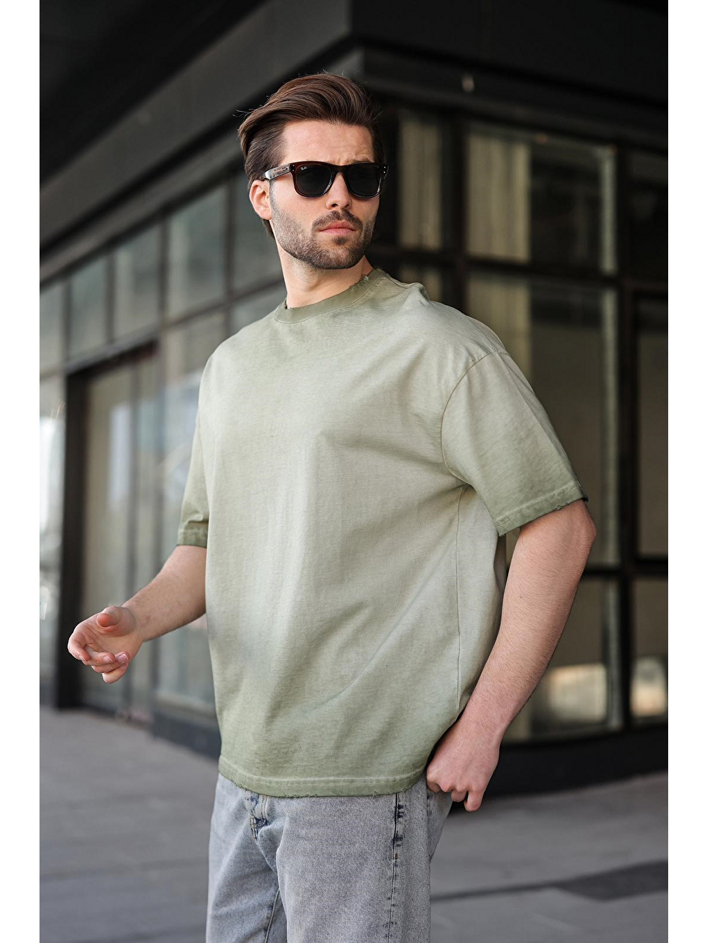 Haki %100 Pamuklu Bisiklet Yaka Oversize Erkek Tişört E7177