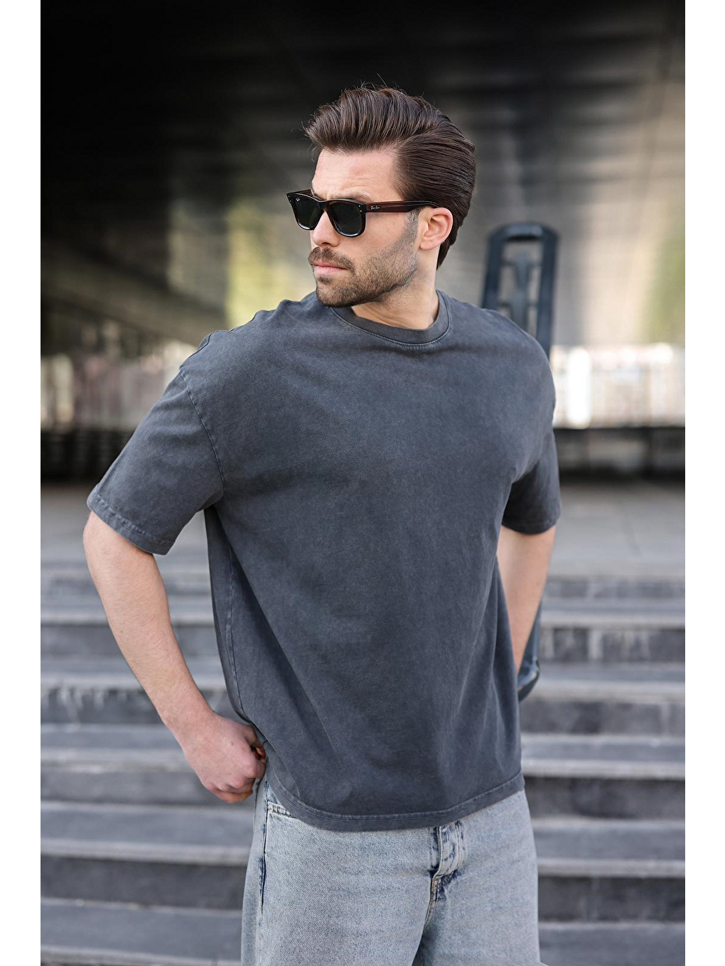 Siyah %100 Pamuklu Oversize Erkek Tişört E7178-4