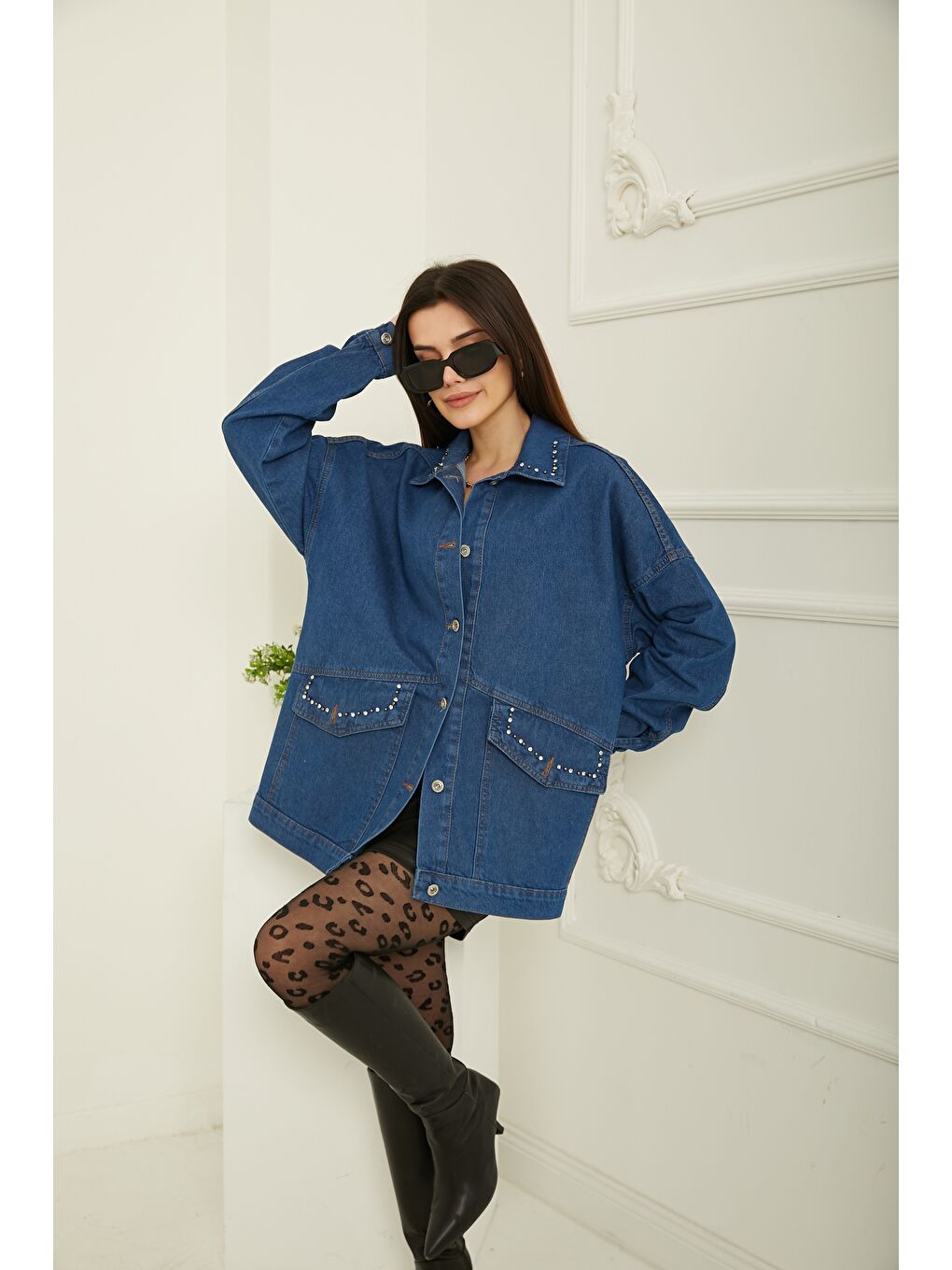 Mavi Kadın Taş Detaylı Oversize Denim Jean Ceket Jean Rengi   26572-2