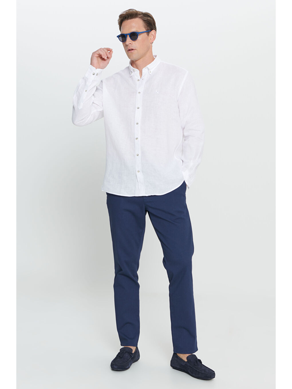 Erkek Beyaz Comfort Fit Rahat Kesim %100 Keten Düğmeli Yaka Gömlek-5