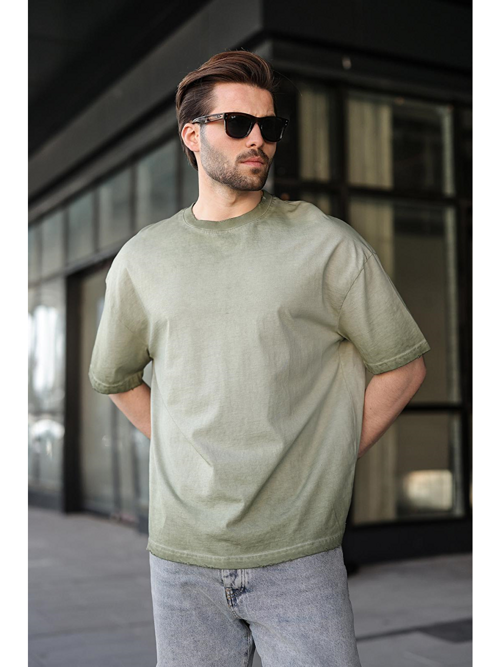 Haki %100 Pamuklu Bisiklet Yaka Oversize Erkek Tişört E7177-1