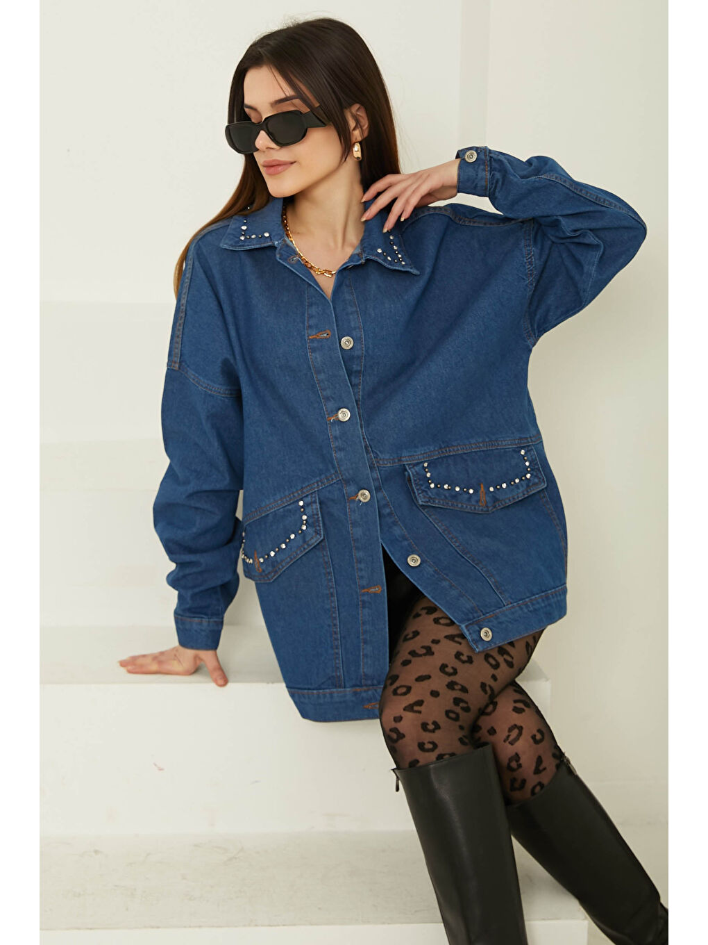 Mavi Kadın Taş Detaylı Oversize Denim Jean Ceket Jean Rengi   26572-4