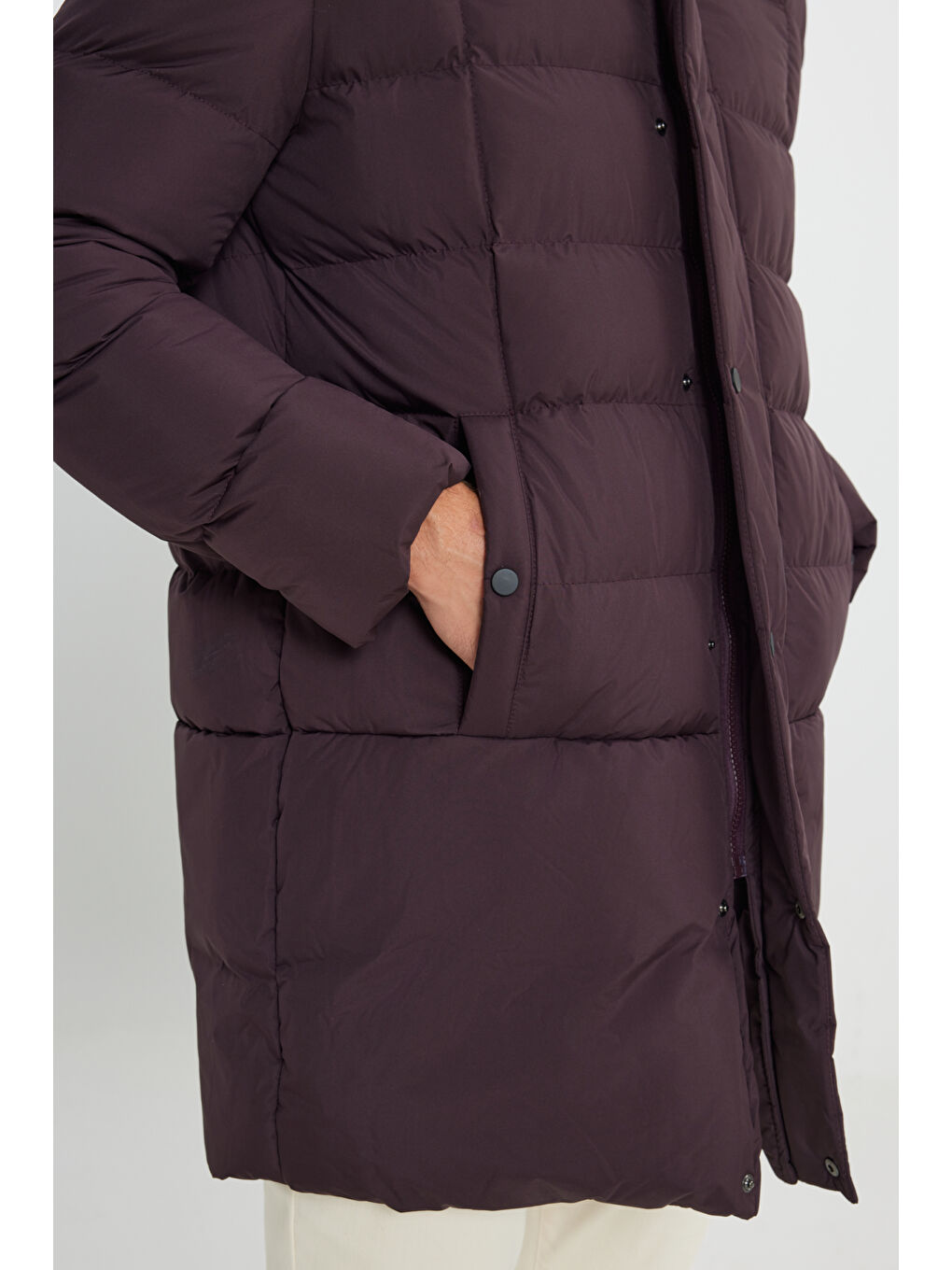 Erkek Bordo Standart Fit Normal Kesim Kapüşonlu Dik Yaka Yan Cepli Kaban-5