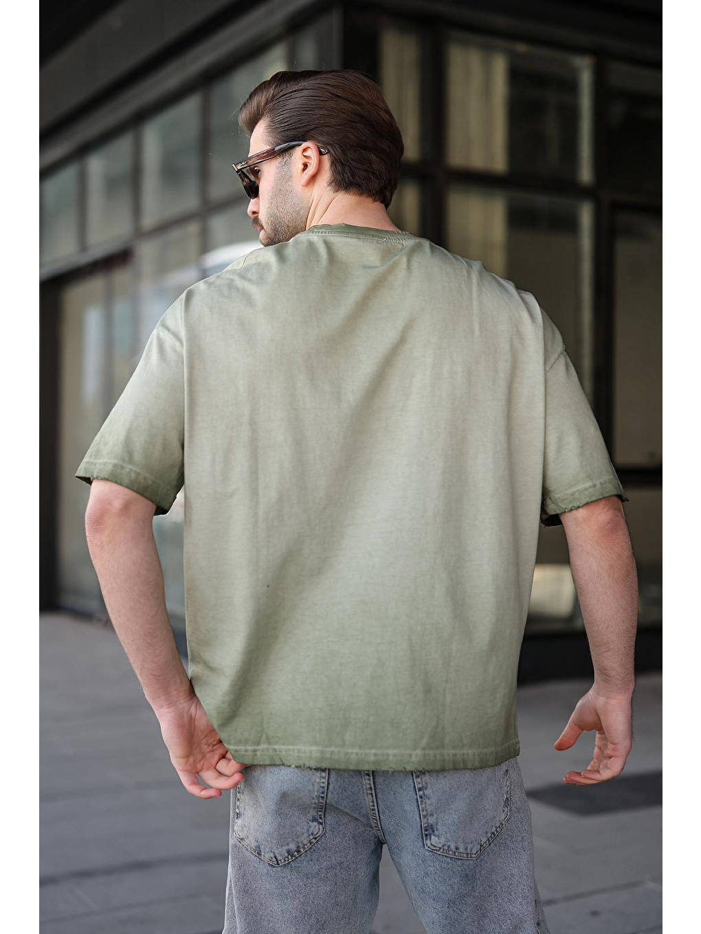 Haki %100 Pamuklu Bisiklet Yaka Oversize Erkek Tişört E7177-2