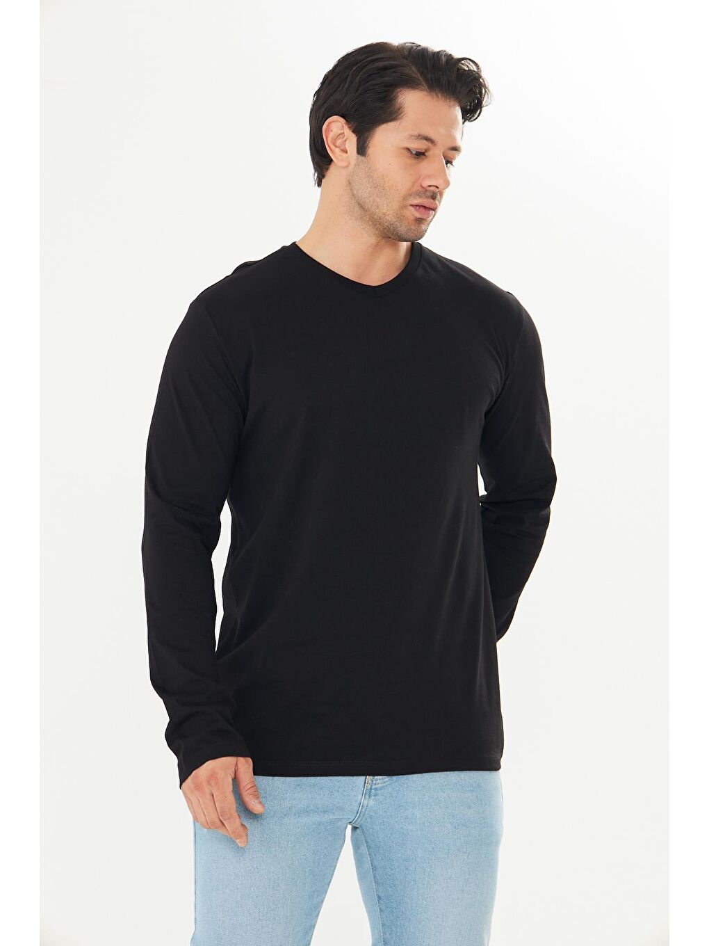 Erkek Pamuklu V Yaka Uzun Kollu Tişört Siyah 5021-S-2