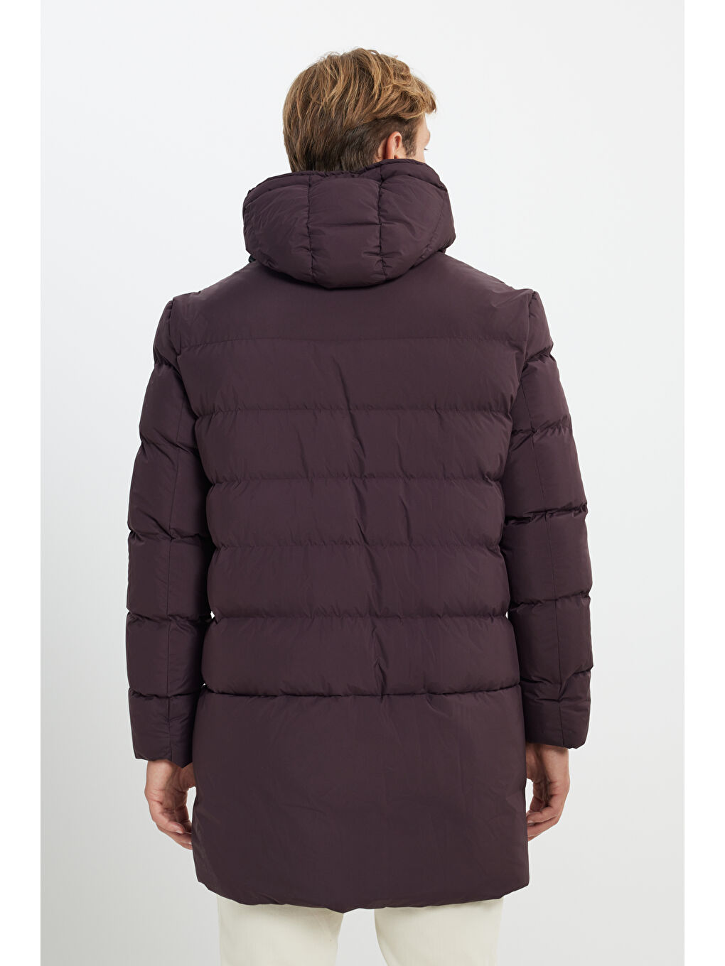 Erkek Bordo Standart Fit Normal Kesim Kapüşonlu Dik Yaka Yan Cepli Kaban-6