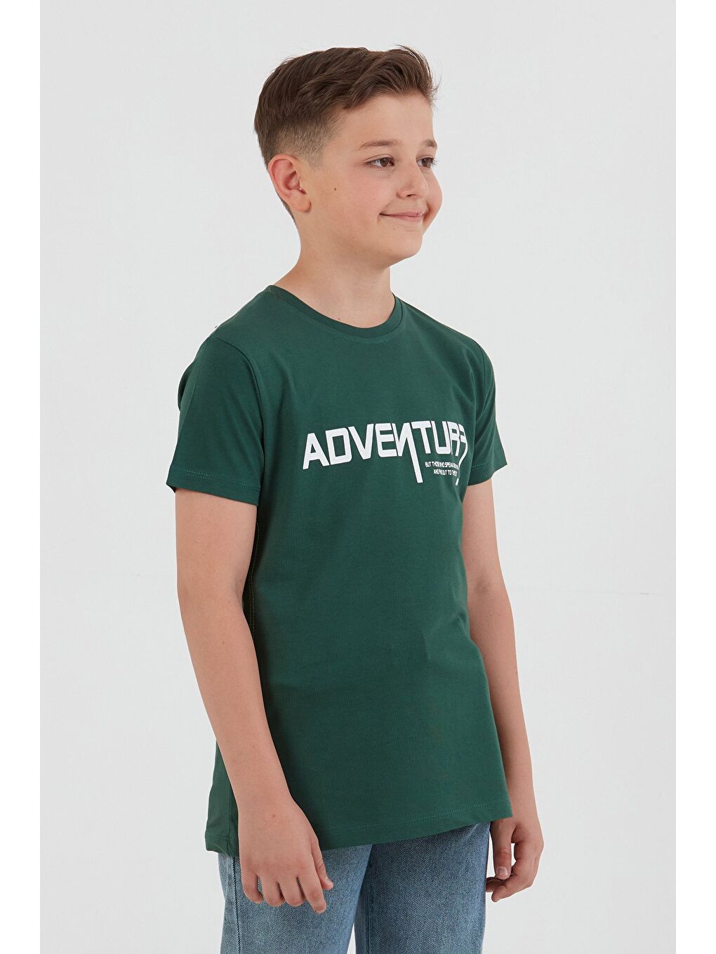 Yeşil %100 Pamuk Adventure Yazı Baskılı Erkek Çocuk Tişört-1