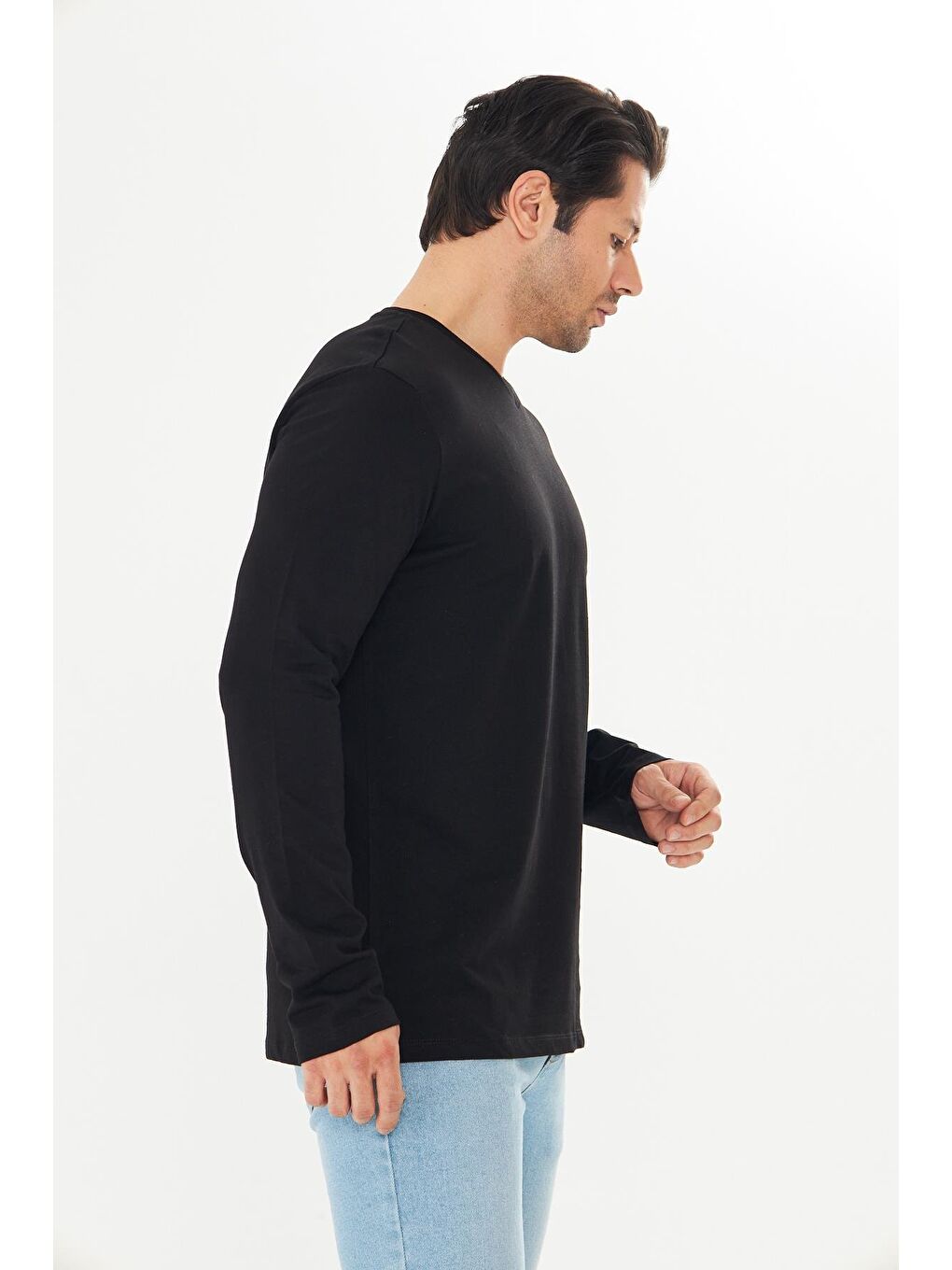 Erkek Pamuklu V Yaka Uzun Kollu Tişört Siyah 5021-S-3