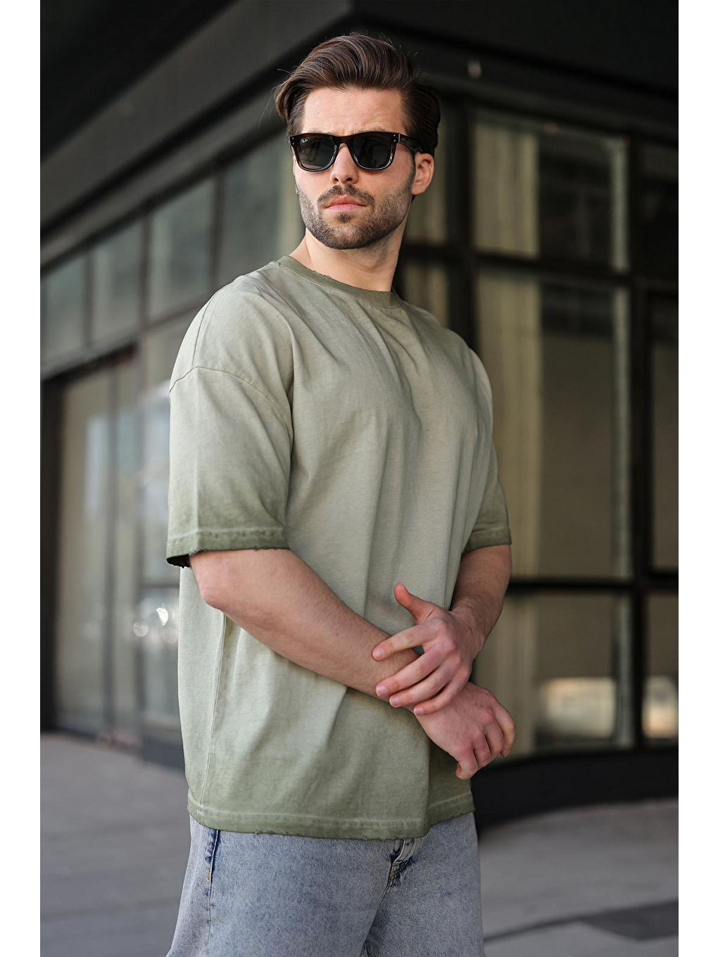 Haki %100 Pamuklu Bisiklet Yaka Oversize Erkek Tişört E7177-4