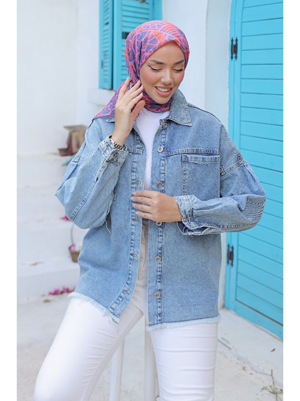 Kadın Oversize Püskül Detay Yaka Cep Jean Ceket Acik Mavi   26580