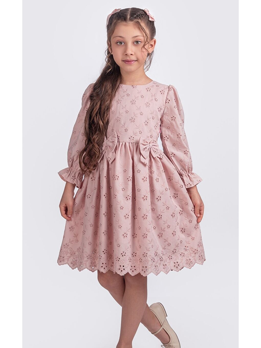 Pembe Kız Çocuk Lastikli Uzun Kollu Güpürlü Kurdelalı Elbise ELB2674-1