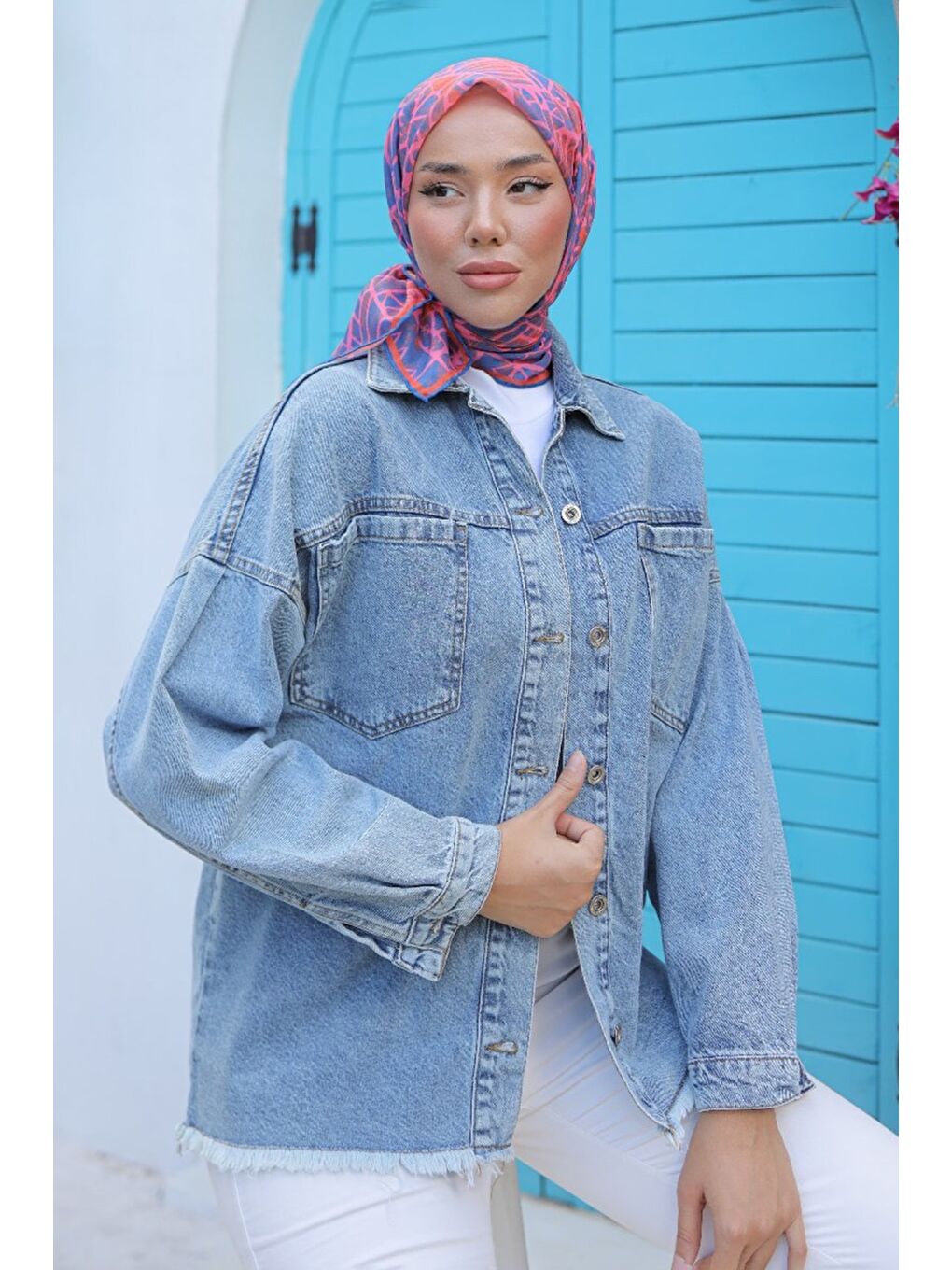Kadın Oversize Püskül Detay Yaka Cep Jean Ceket Acik Mavi   26580-1