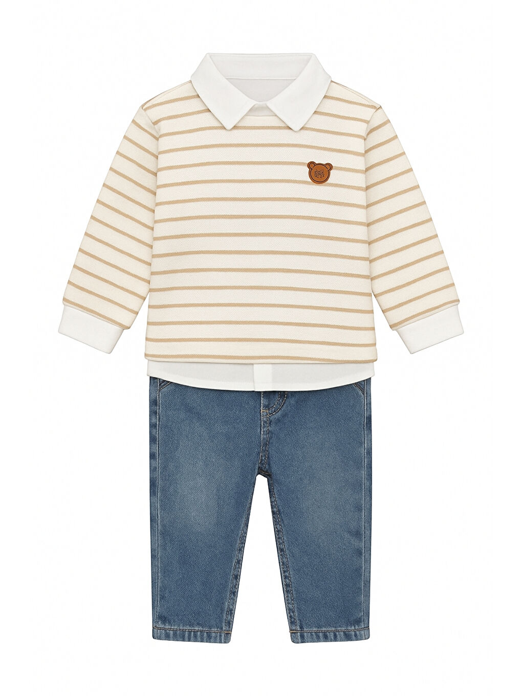 Kahverengi Erkek Çocuk Çizgili Sweatshirt Pantolon Ve Gömlek 3  lü Takım Ak3620-2