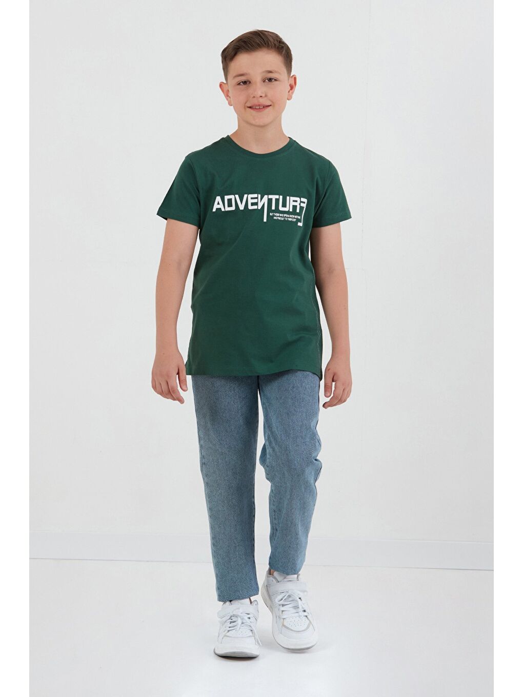 Yeşil %100 Pamuk Adventure Yazı Baskılı Erkek Çocuk Tişört-3