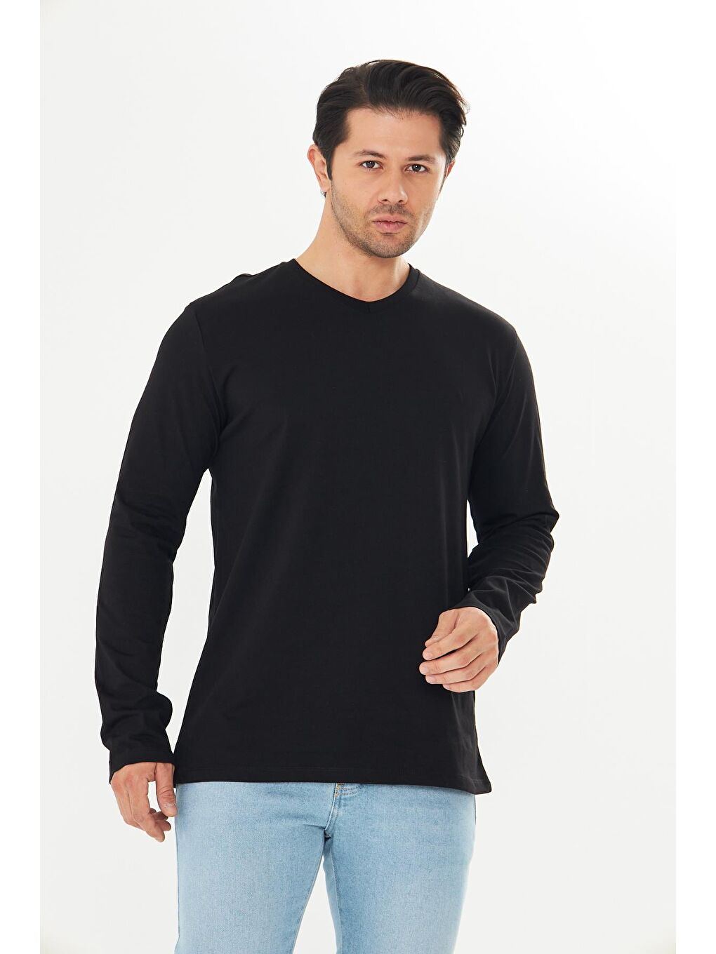 Erkek Pamuklu V Yaka Uzun Kollu Tişört Siyah 5021-S-4