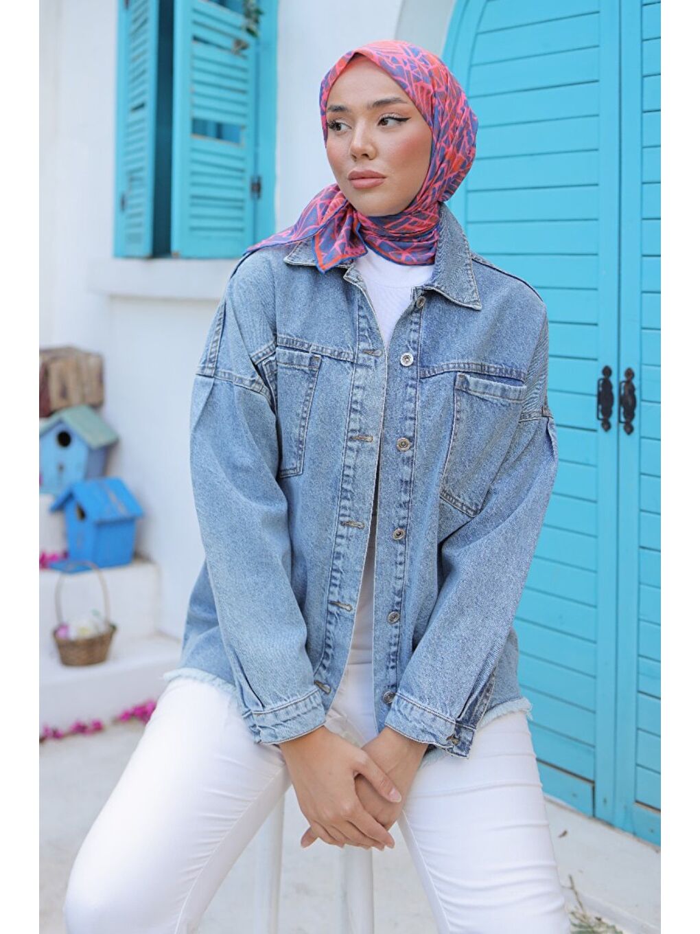 Kadın Oversize Püskül Detay Yaka Cep Jean Ceket Acik Mavi   26580-2