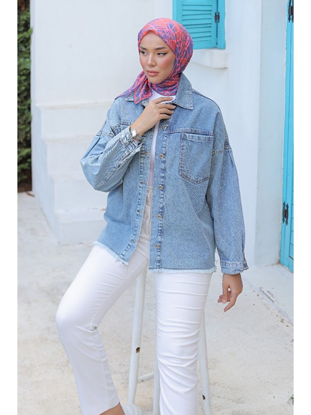 Kadın Oversize Püskül Detay Yaka Cep Jean Ceket Acik Mavi   26580-3