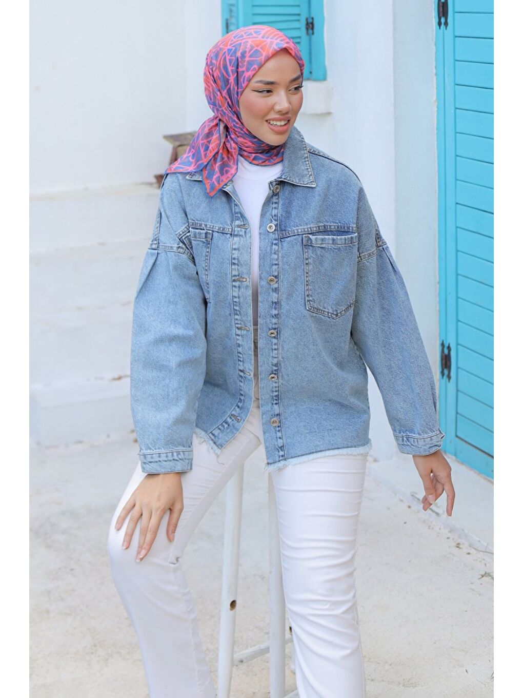 Kadın Oversize Püskül Detay Yaka Cep Jean Ceket Acik Mavi   26580-4