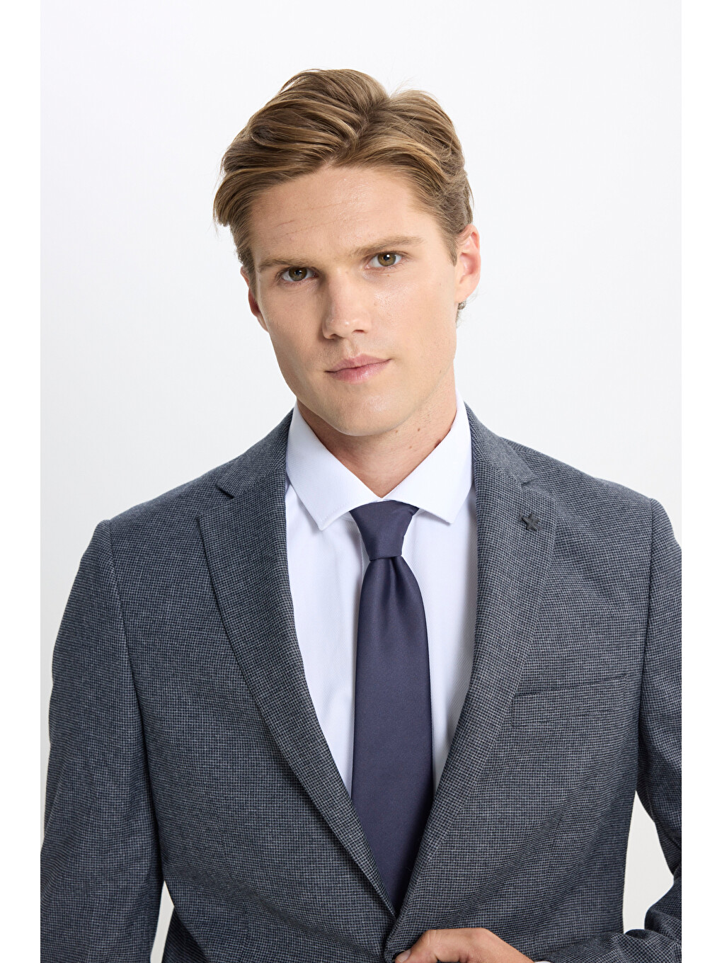 Erkek Lacivert-Gri Slim Fit Dar Kesim Kazayağı Desenli Takım Elbise-5
