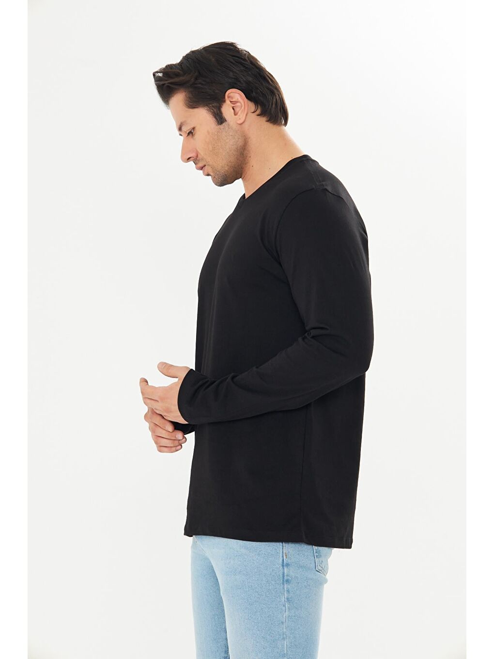 Erkek Pamuklu V Yaka Uzun Kollu Tişört Siyah 5021-S-5