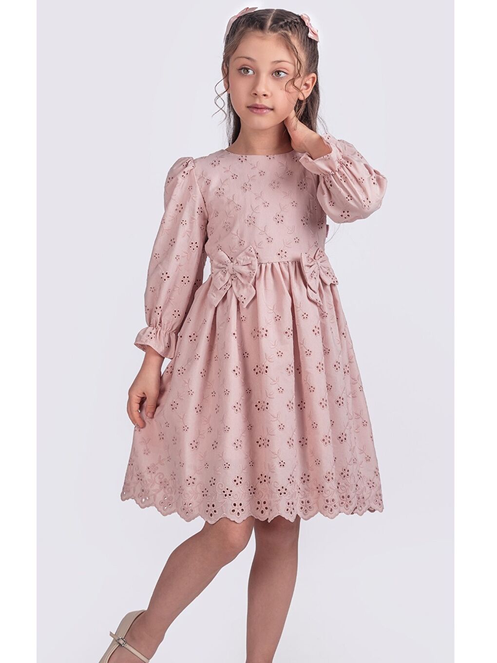 Pembe Kız Çocuk Lastikli Uzun Kollu Güpürlü Kurdelalı Elbise ELB2674-2