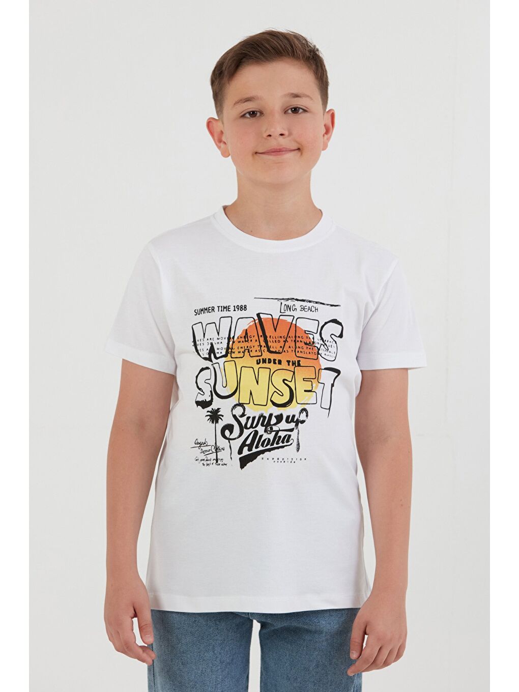 Beyaz %100 Pamuk Waves Sunset Baskılı Erkek Çocuk Tişört