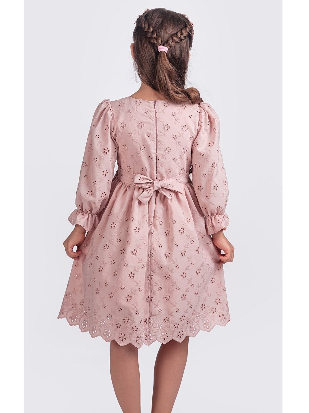 Pembe Kız Çocuk Lastikli Uzun Kollu Güpürlü Kurdelalı Elbise ELB2674-3