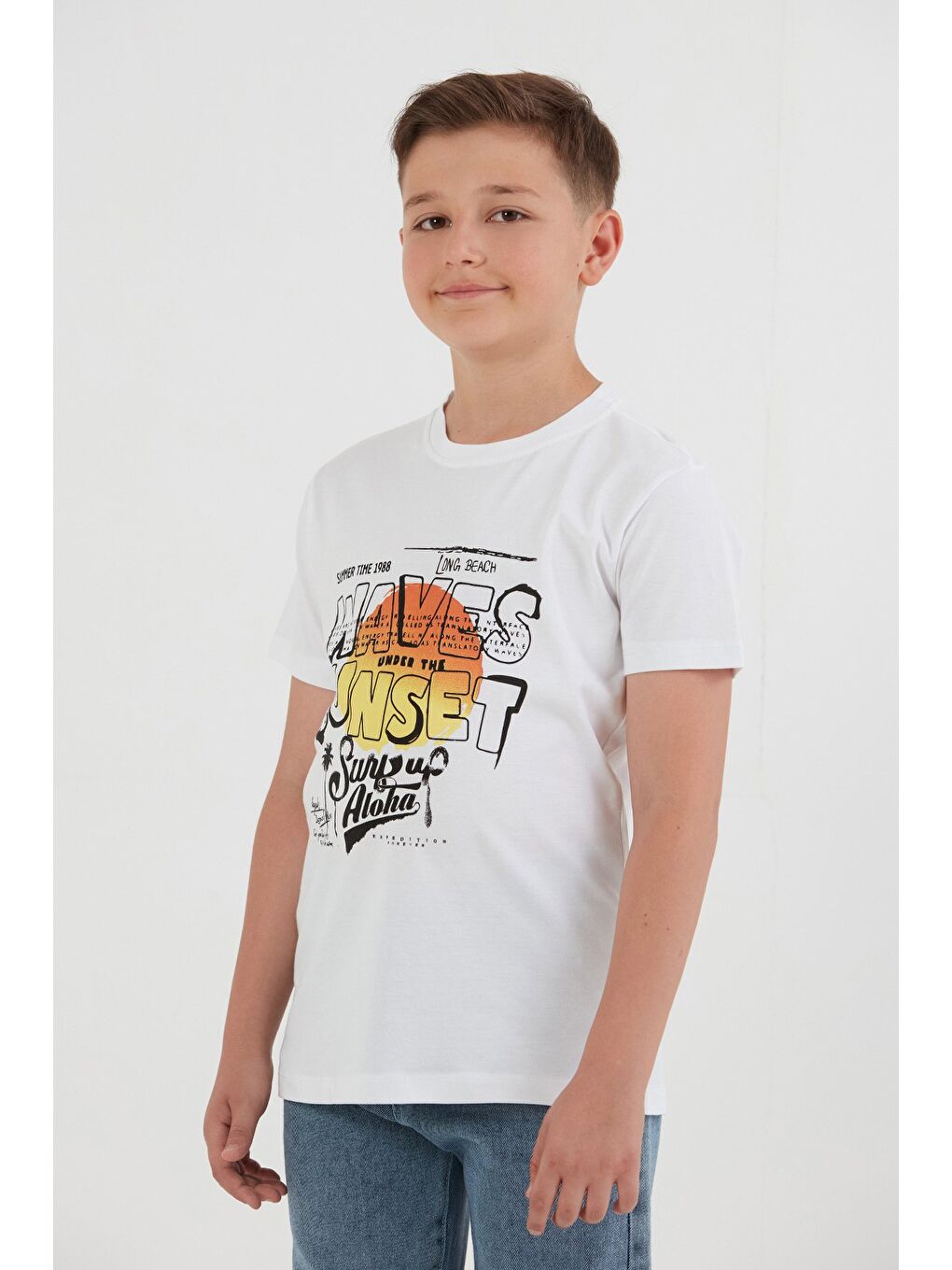 Beyaz %100 Pamuk Waves Sunset Baskılı Erkek Çocuk Tişört-1