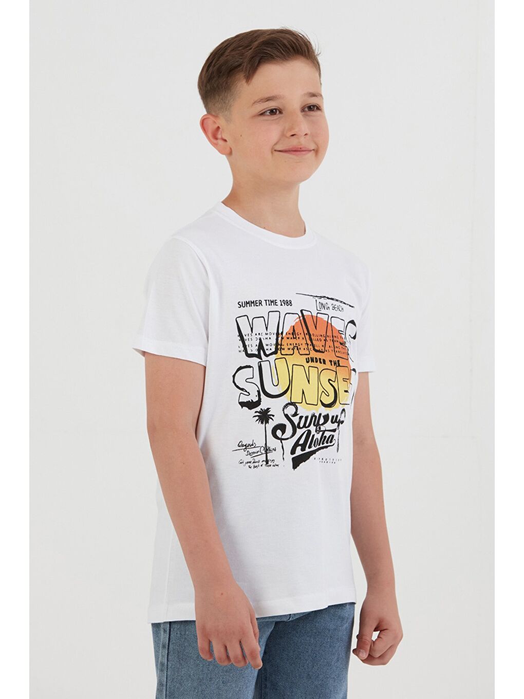 Beyaz %100 Pamuk Waves Sunset Baskılı Erkek Çocuk Tişört-2