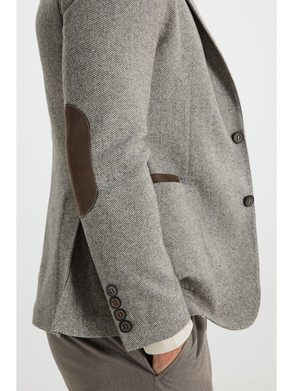 Kahverengi Erkek Kahve-Bej Slim Fit Dar Kesim Mono Yaka Desenli Torba Cepli Yün Blazer Ceket-5