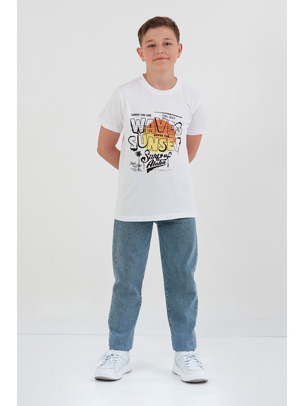 Beyaz %100 Pamuk Waves Sunset Baskılı Erkek Çocuk Tişört-4