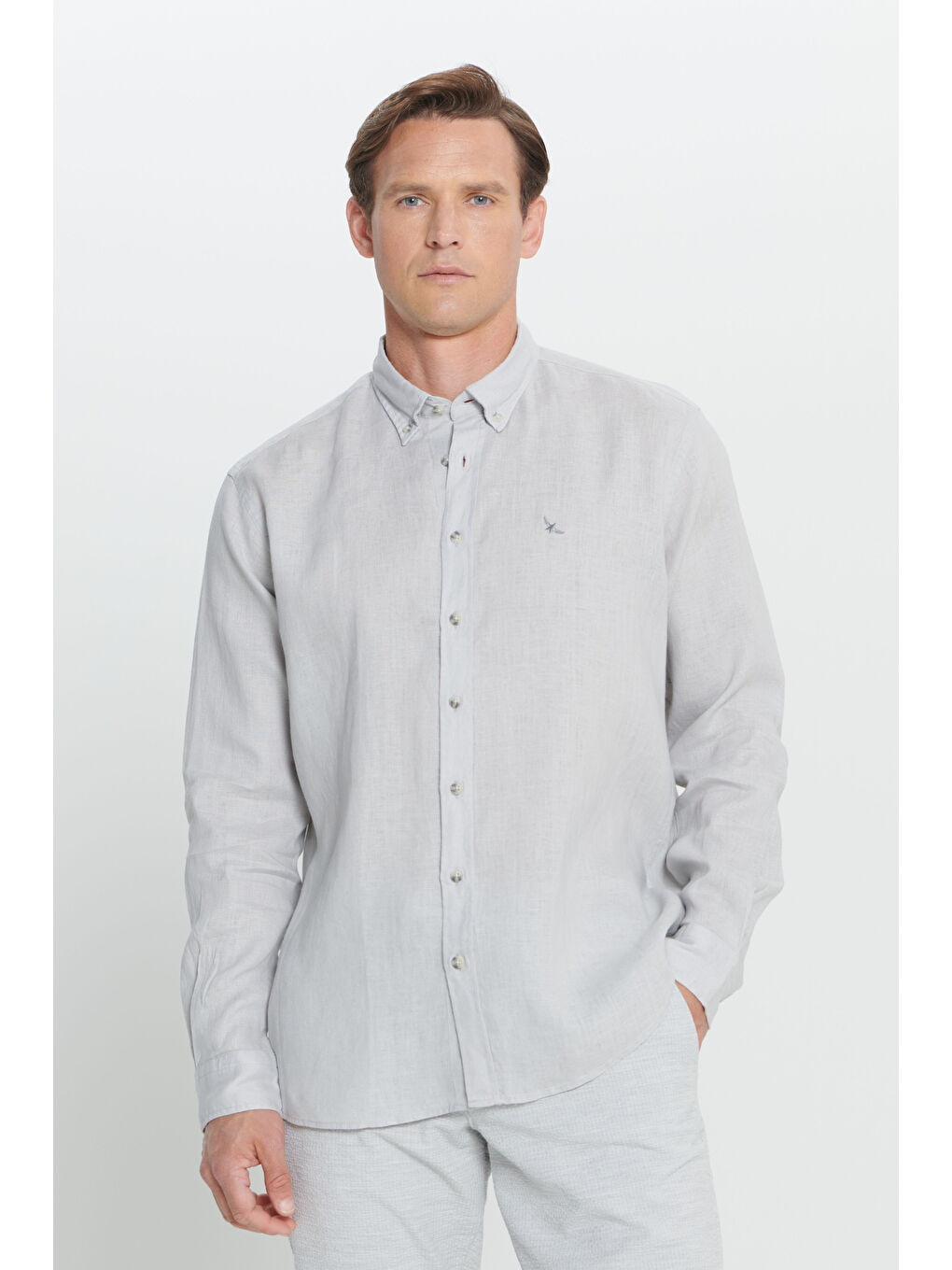 Erkek Gri Comfort Fit Rahat Kesim %100 Keten Düğmeli Yaka Gömlek-2