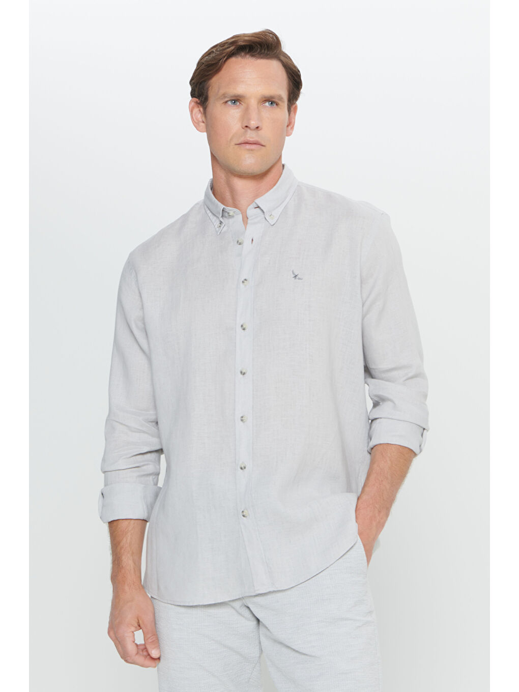 Erkek Gri Comfort Fit Rahat Kesim %100 Keten Düğmeli Yaka Gömlek-3