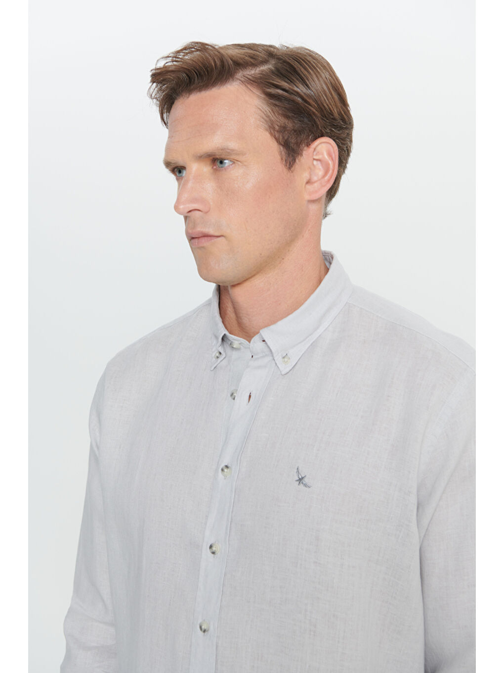 Erkek Gri Comfort Fit Rahat Kesim %100 Keten Düğmeli Yaka Gömlek-4