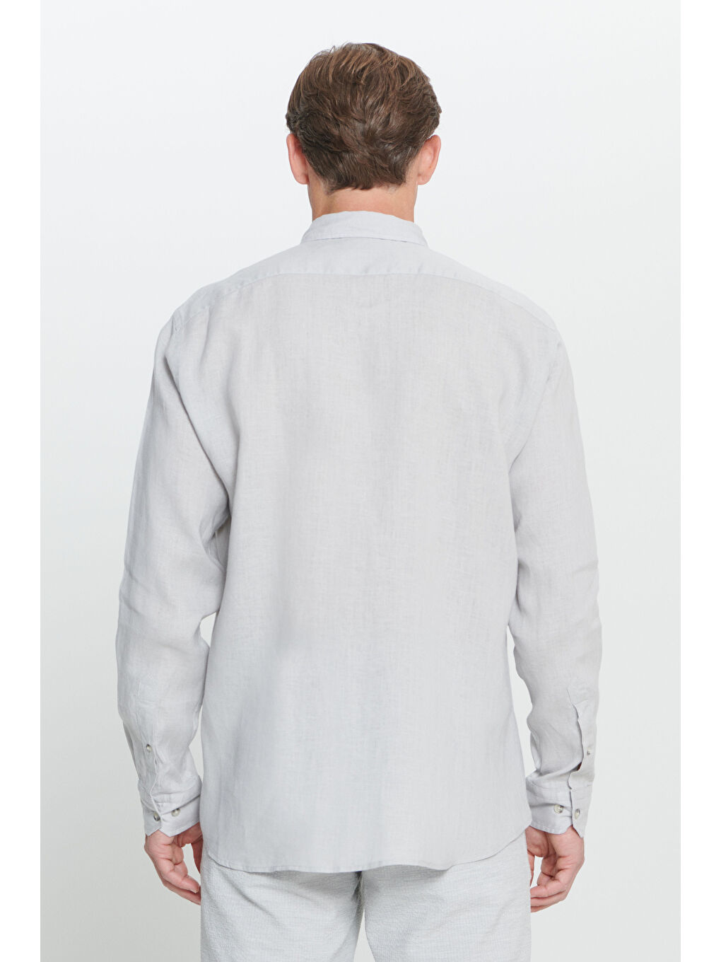 Erkek Gri Comfort Fit Rahat Kesim %100 Keten Düğmeli Yaka Gömlek-5