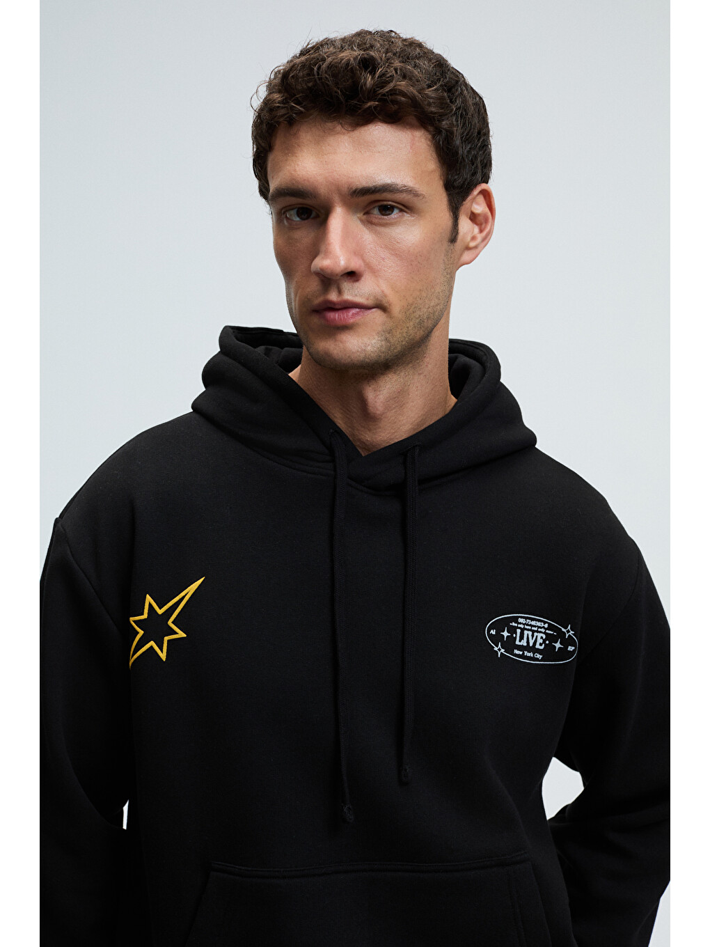 Erkek Kapüşonlu Kanguru Cepli Önü Ve Sırtı Baskılı Regular Fit Siyah Sweatshirt-2