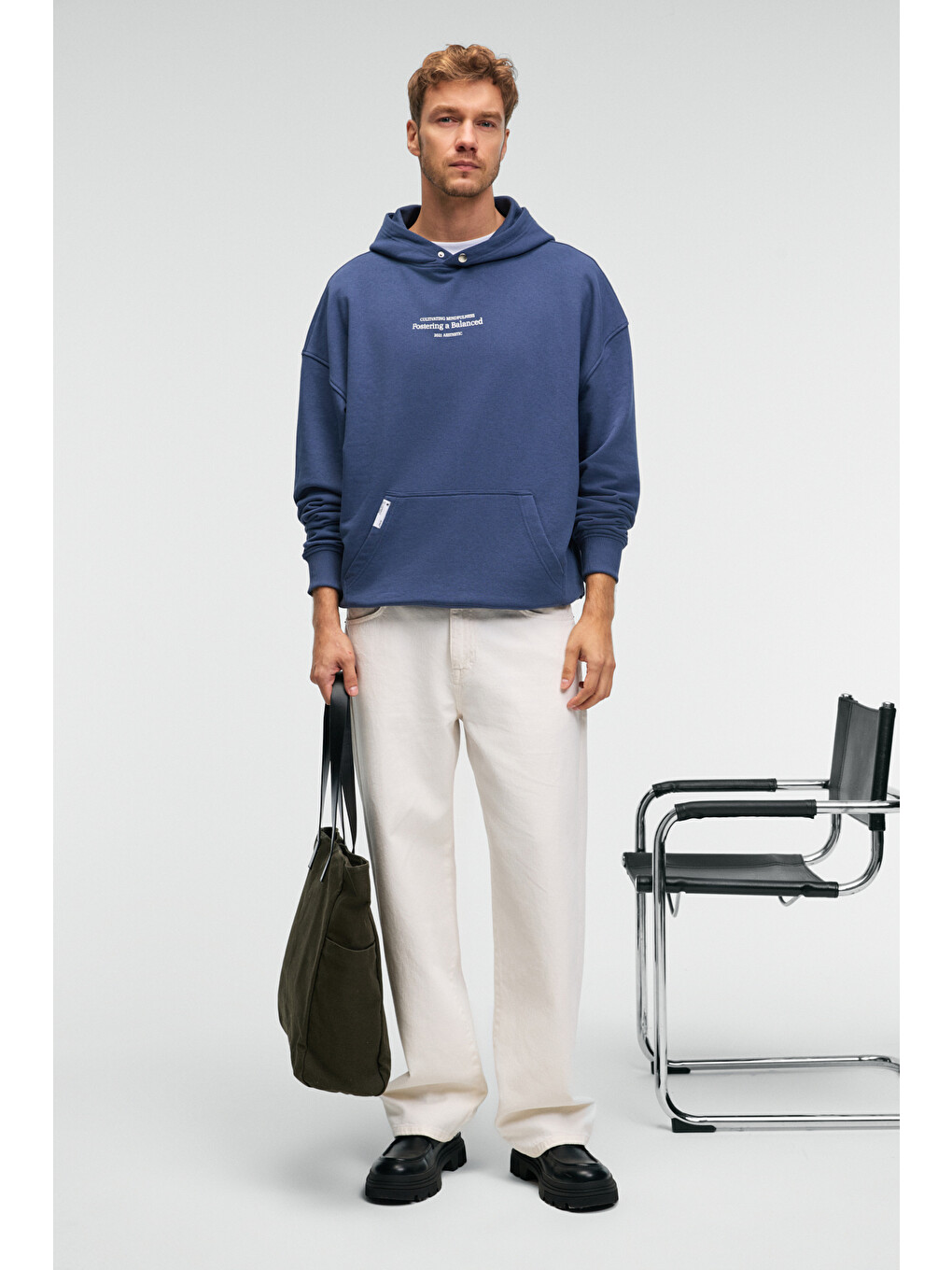 Clay Erkek %100 Pamuk Kapüşonlu Çıtçıtlı Baskılı Cebi Süs Etiketli İndigo Sweatshirt-1