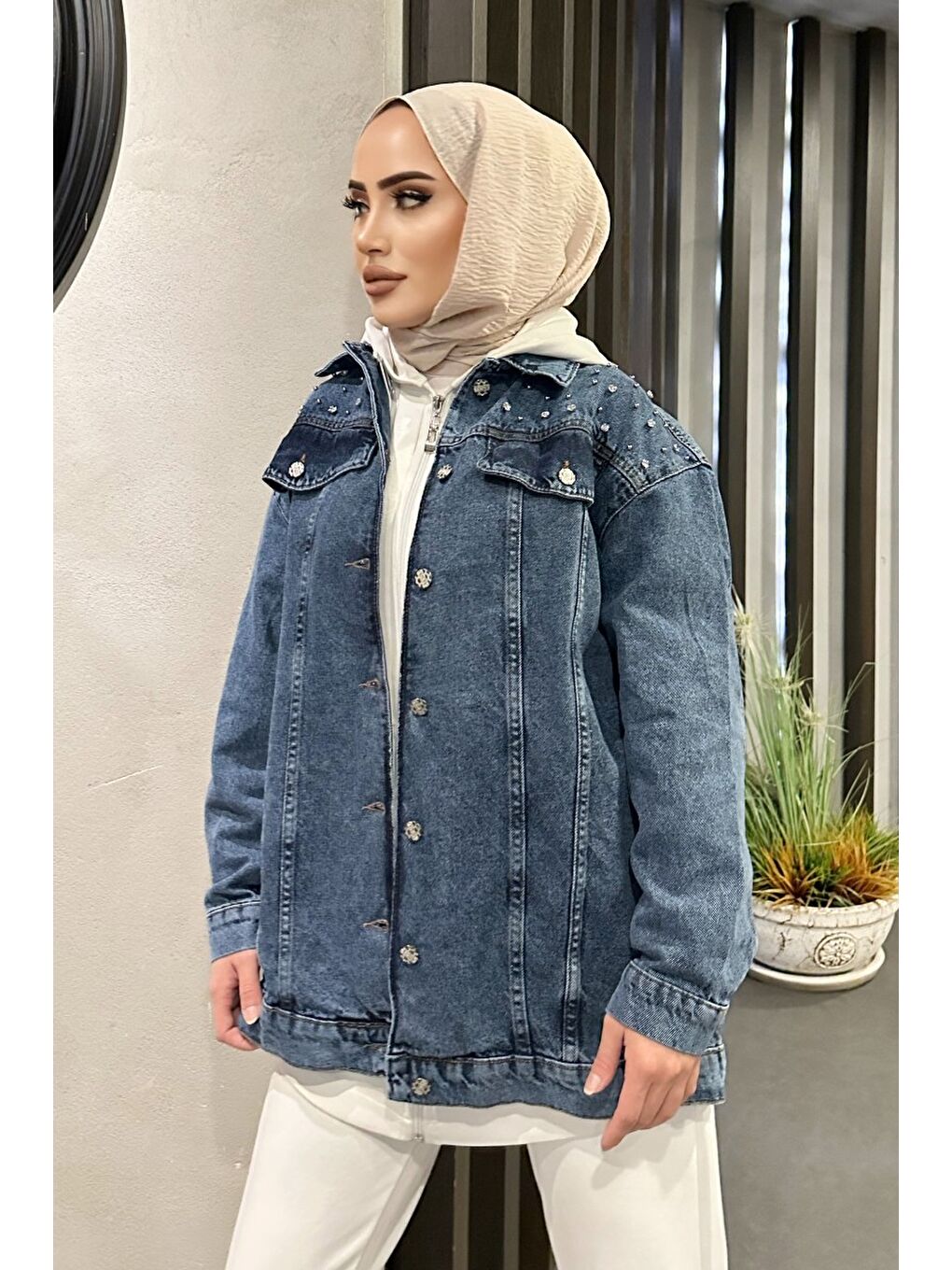 Kadın Omuz Taş Detaylı Oversize Jean Ceket Koyu Mavi   26616