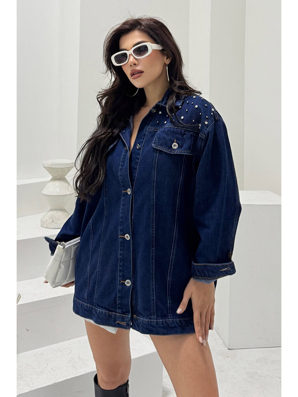 Kadın Omuz Taş Detaylı Oversize Jean Ceket Koyu Mavi   26616-2
