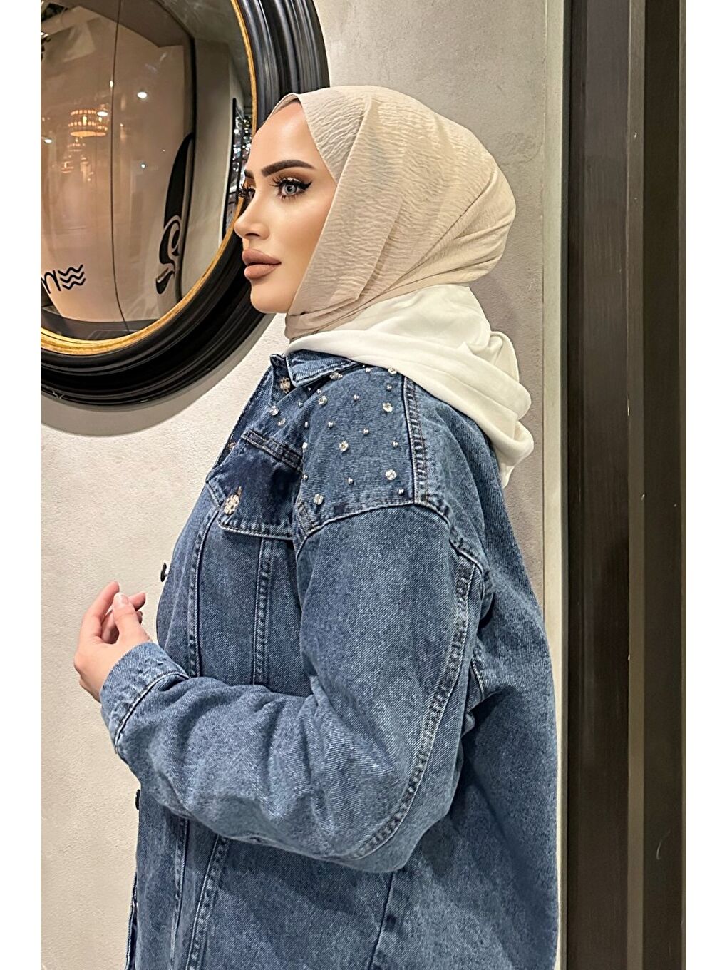 Kadın Omuz Taş Detaylı Oversize Jean Ceket Koyu Mavi   26616-4