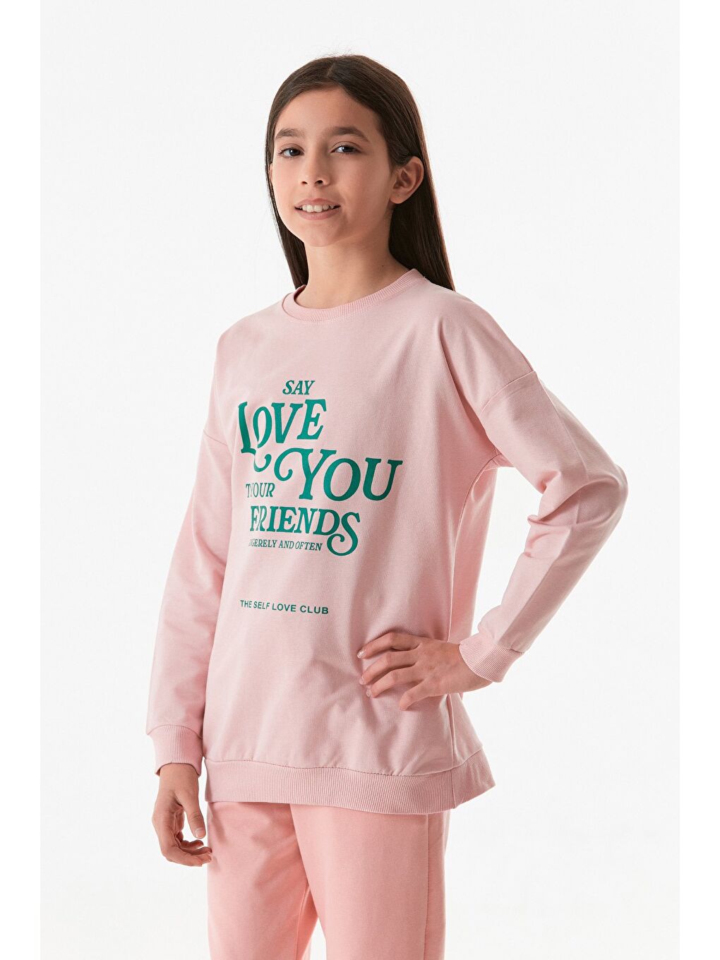 Fullamoda Pembe Yazı Baskılı Bisiklet Yaka Kız Çocuk Sweatshirt