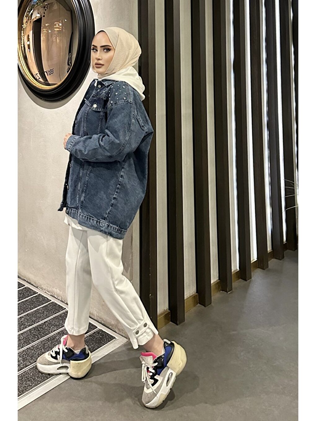 Kadın Omuz Taş Detaylı Oversize Jean Ceket Koyu Mavi   26616-6