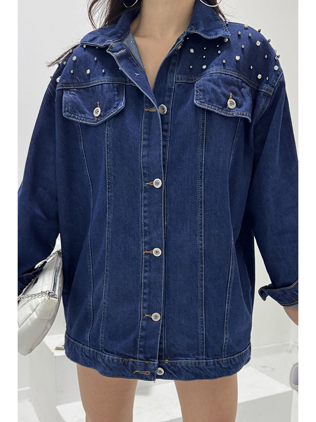 Kadın Omuz Taş Detaylı Oversize Jean Ceket Koyu Mavi   26616-7