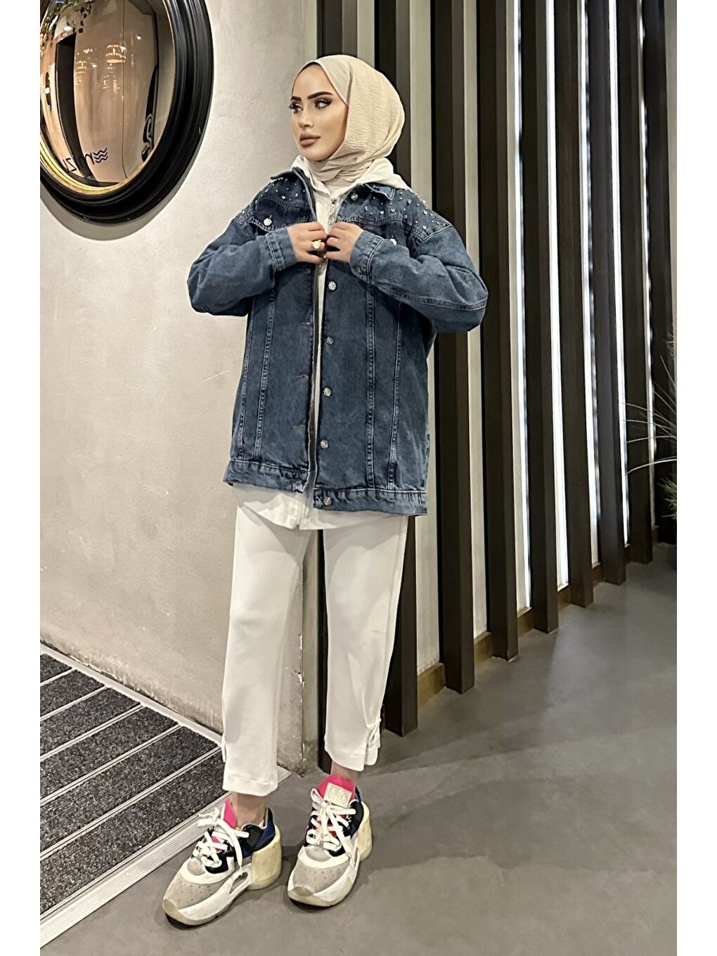 Kadın Omuz Taş Detaylı Oversize Jean Ceket Koyu Mavi   26616-8